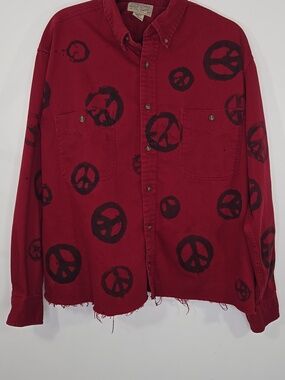 A & F Vintage Big Shirt Red Button Down Peace Signs SZ L